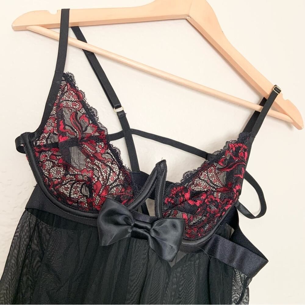 Bundle of Two Yandy Lingerie Sets - Red Lace Babydoll & Black Satin Chemise L/XL - Picture 7 of 16